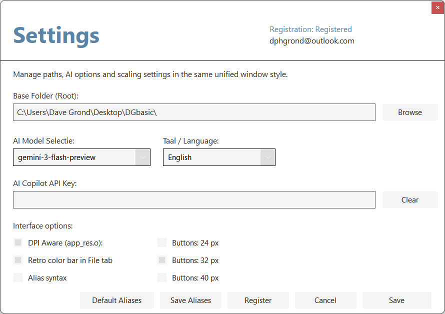 DGbasic settings window